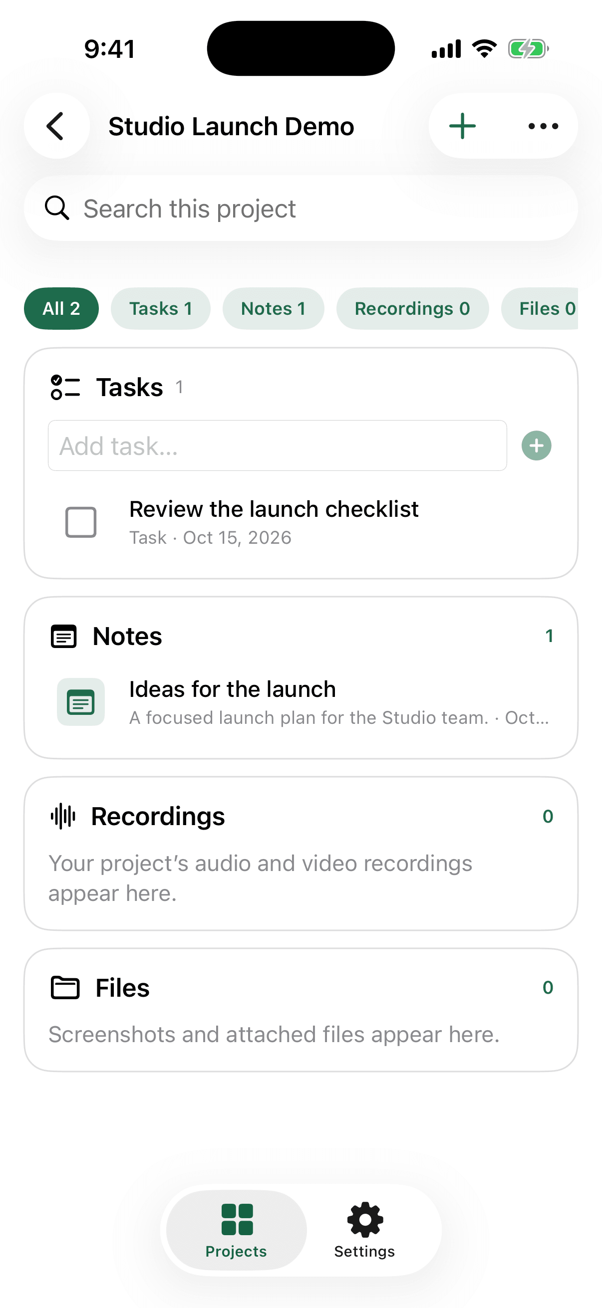 Current Canopy iPhone app showing the same Studio Launch Demo project and its library